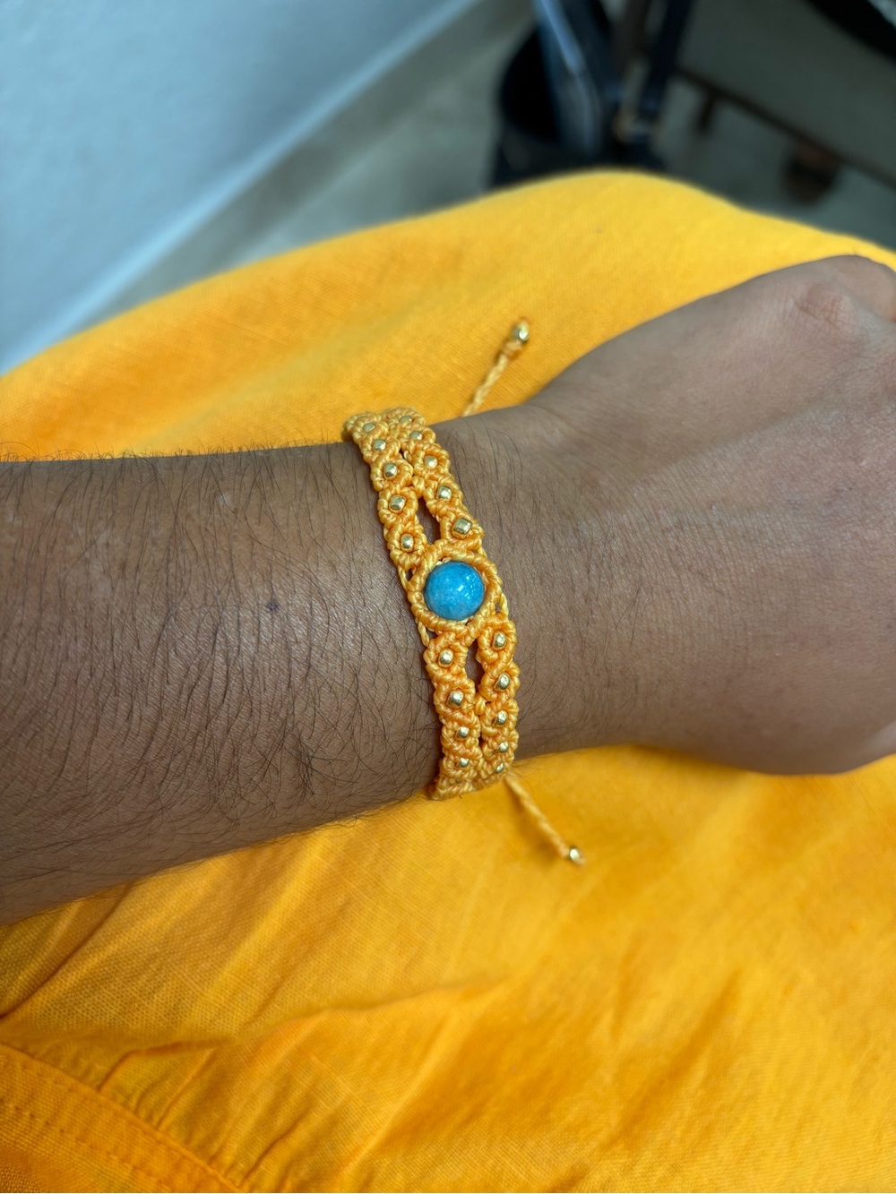 Handmade Gold Macramé Bracelet with Turquoise Bead